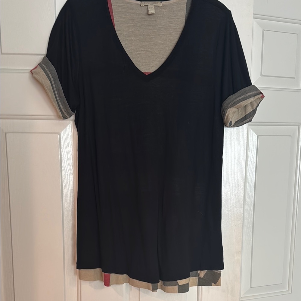 Burberry Black and Plaid Relaxed Cuffed Sleeve Tee